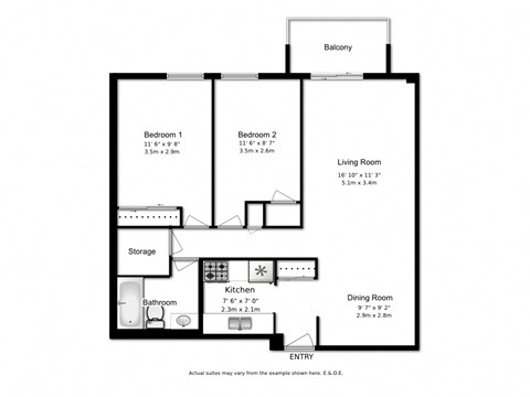Floor plan for 2 beds, 1 bath, 831 sqft