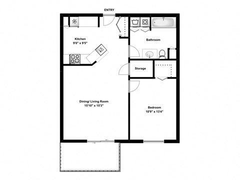 Floor plan for 1 bed, 1 bath, 763 sqft