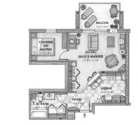 Floor plan for 1 bed, 1 bath, 650 sqft