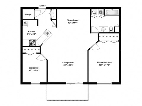 Floor plan for 2 beds, 1 bath, 918 sqft