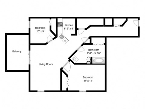 Floor plan for 2 beds, 1 bath, 1057 sqft