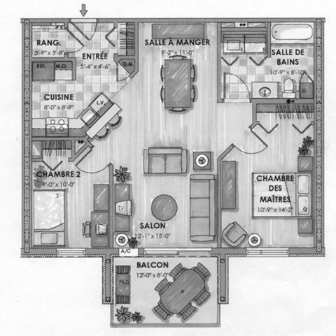 Floor plan for 2 beds, 1 bath, 918 sqft