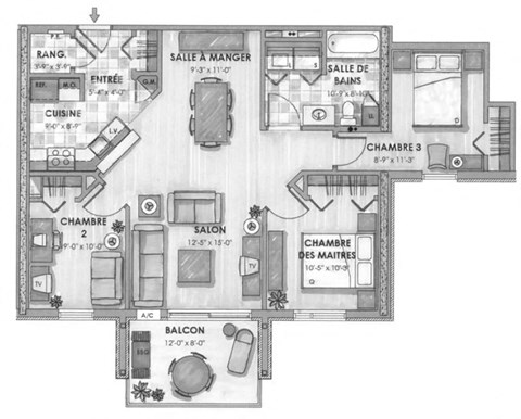 Floor plan for 3 beds, 1 bath, 1064 sqft
