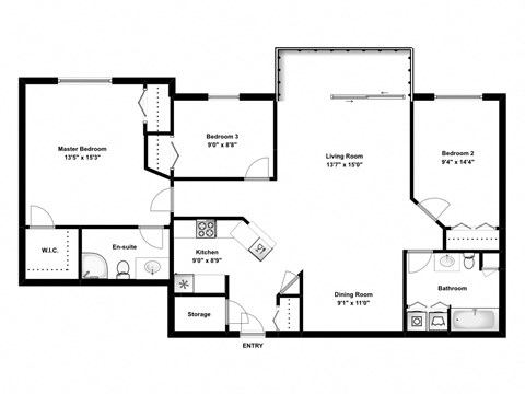 Floor plan for 3 beds, 2 baths, 1240 sqft