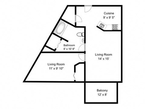 Floor plan for 1 bed, 1 bath, 703 sqft