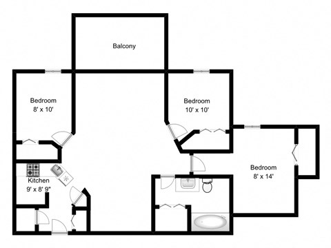 Floor plan for 3 beds, 1 bath, 1088 sqft