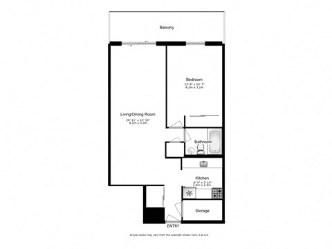 Floor plan for 1 bed, 1 bath, 542 sqft