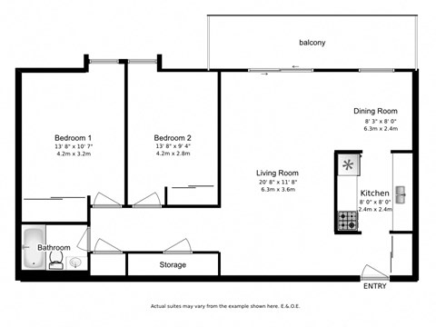 Floor plan for 2 beds, 1 bath, 950 sqft