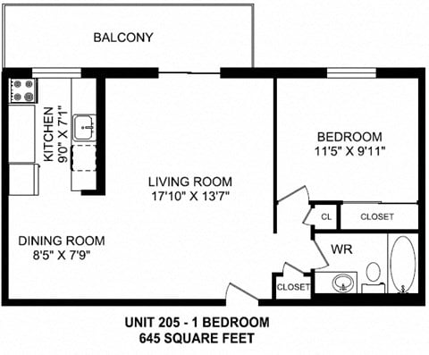 Floor plan for 1 bed, 1 bath, 645 sqft