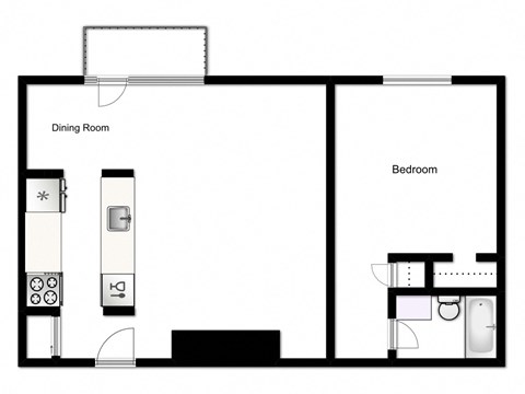 Floor plan for 1 bed, 1 bath, 600 sqft