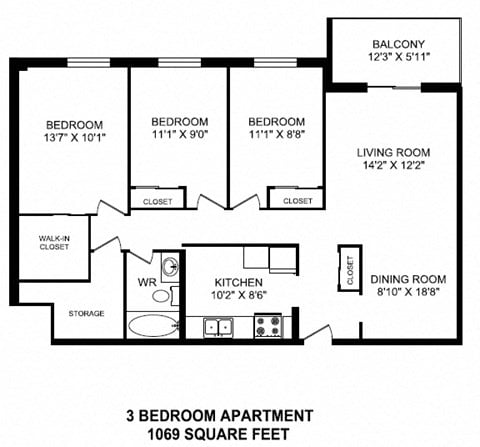 Floor plan for 3 beds, 1 bath, 1069 sqft