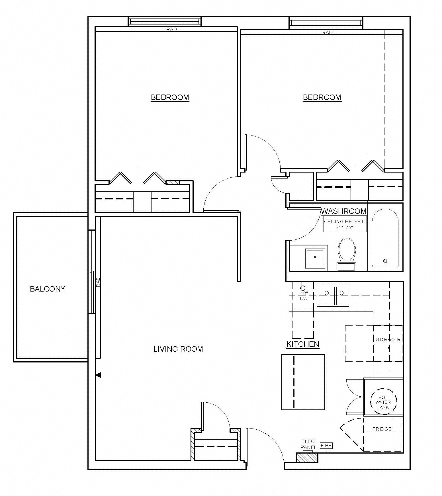 Floor plan for 2 beds, 1 bath, 744 sqft