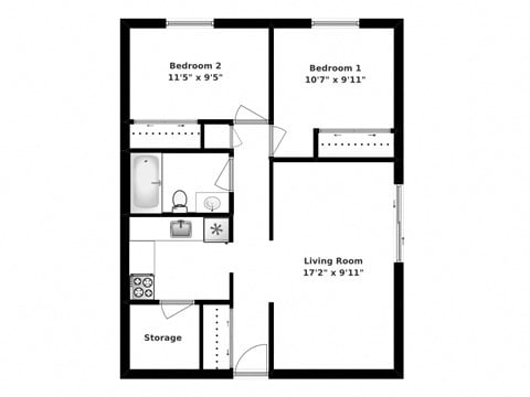 Floor plan for 2 beds, 1 bath, 912 sqft