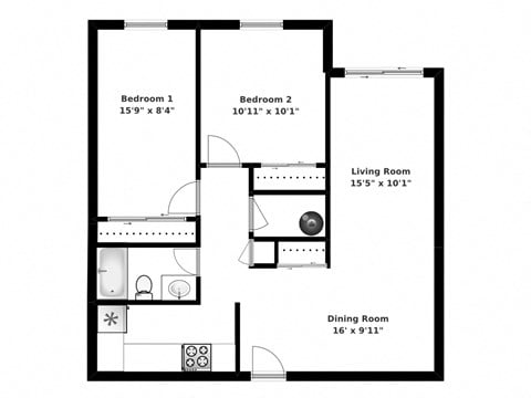 Floor plan for 2 beds, 1 bath, 744 sqft