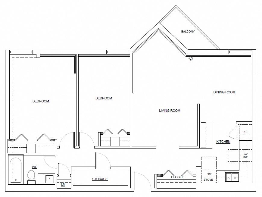 Floor plan for 2 beds, 1 bath, 989 sqft