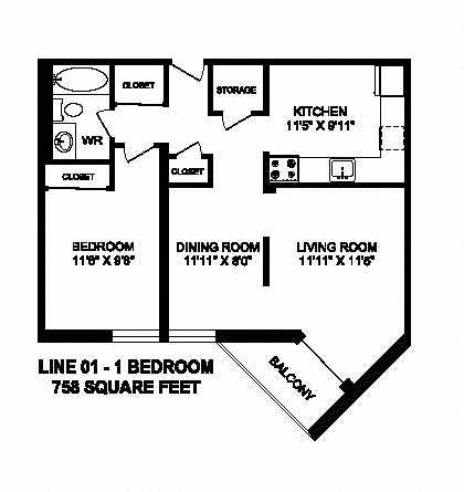 Floor plan for 1 bed, 1 bath, 758 sqft