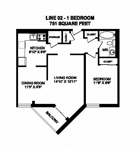 Floor plan for 1 bed, 1 bath, 751 sqft