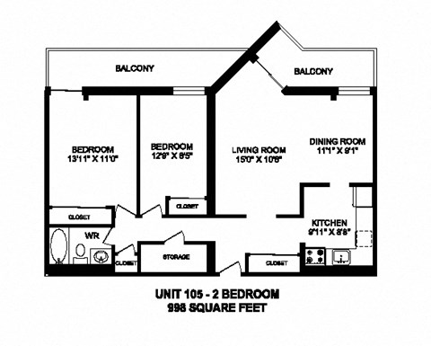 Floor plan for 2 beds, 1 bath, 986 sqft