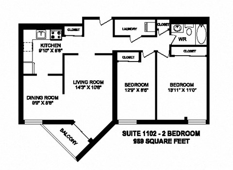 Floor plan for 2 beds, 1 bath, 989 sqft