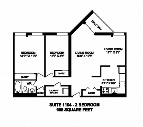Floor plan for 2 beds, 1 bath, 998 sqft