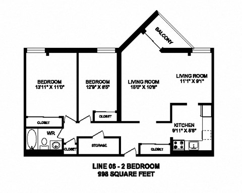 Floor plan for 2 beds, 1 bath, 998 sqft