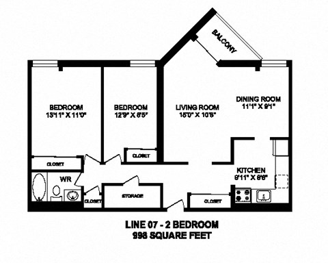 Floor plan for 2 beds, 1 bath, 989 sqft