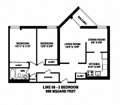 Floor plan for 2 beds, 1 bath, 989 sqft