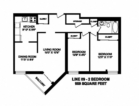 Floor plan for 2 beds, 1 bath, 1004 sqft