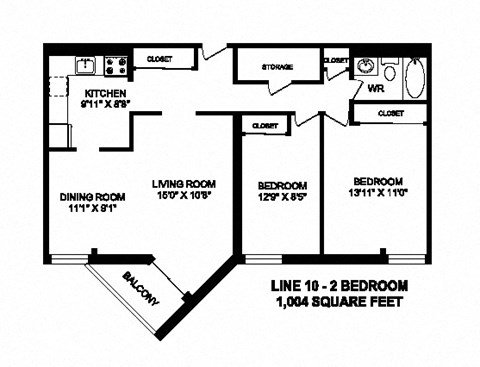 Floor plan for 2 beds, 1 bath, 989 sqft