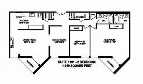 Floor plan for 2 beds, 2 baths, 1510 sqft