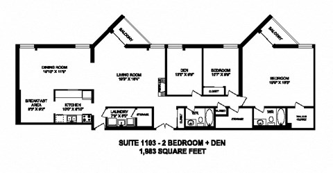 Floor plan for 2 beds, 2 baths, 1983 sqft