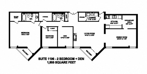 Floor plan for 2 beds, 2 baths, 1995 sqft