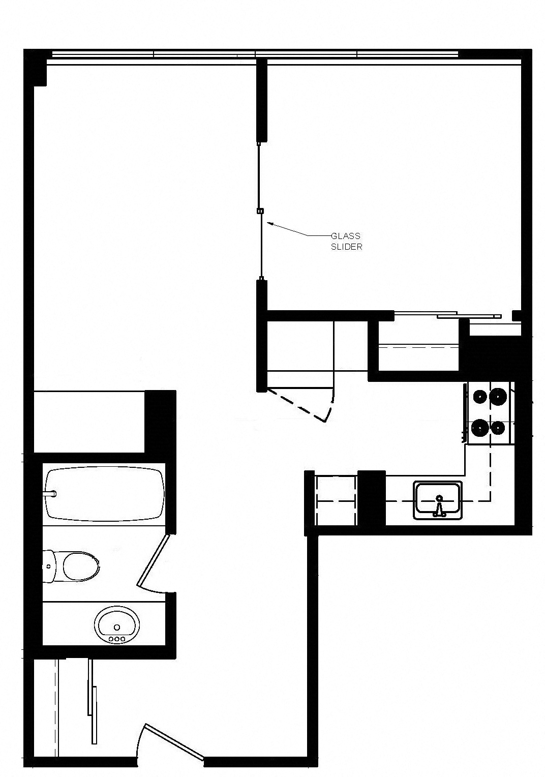 Floor plan for 1 bed, 1 bath, 451 sqft