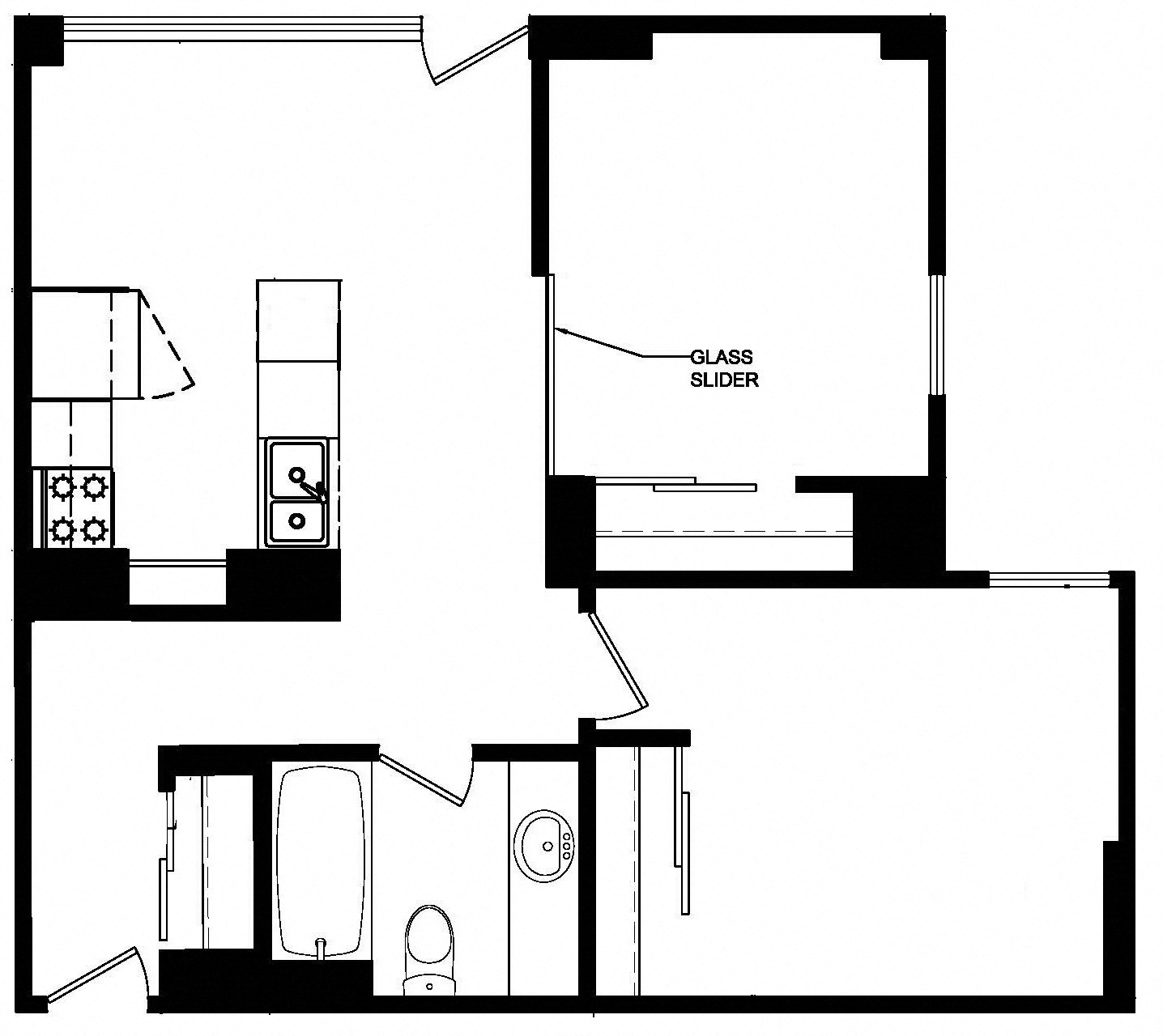 Floor plan for 1 bed, 1 bath, 675 sqft