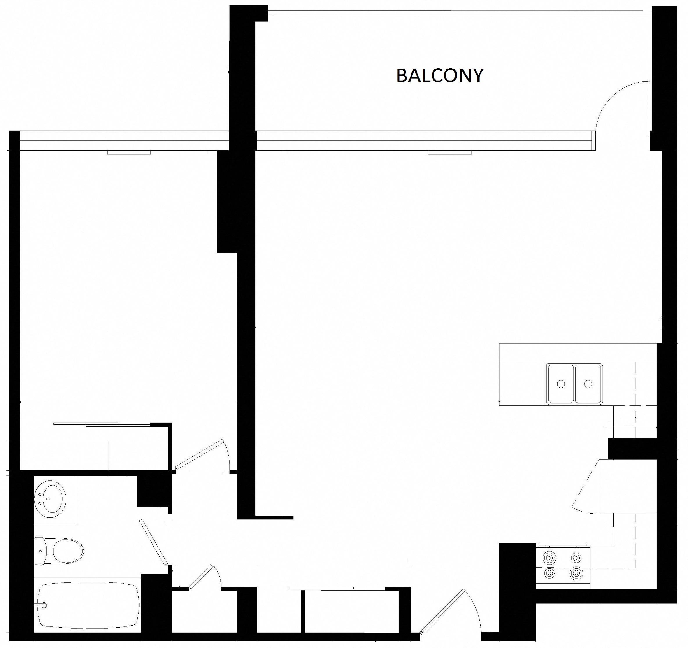 Floor plan for 1 bed, 1 bath, 678 sqft