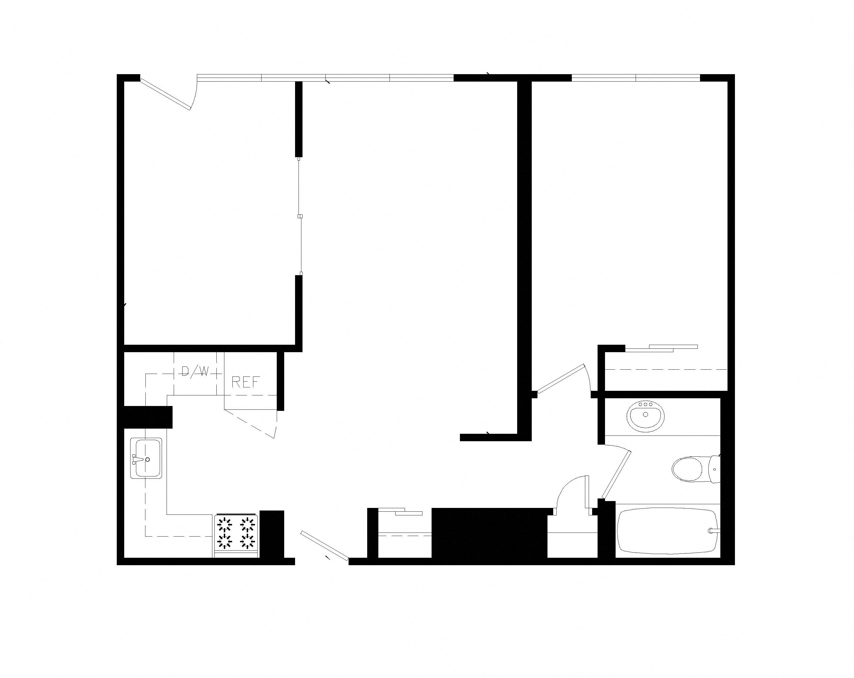 Floor plan for 2 beds, 1 bath, 678 sqft