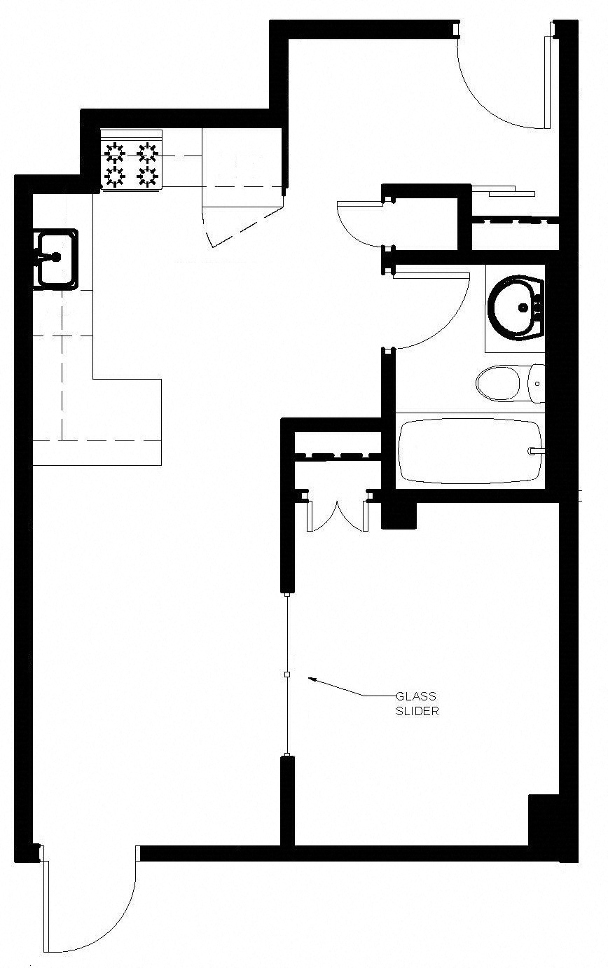 Floor plan for 1 bed, 1 bath, 460 sqft