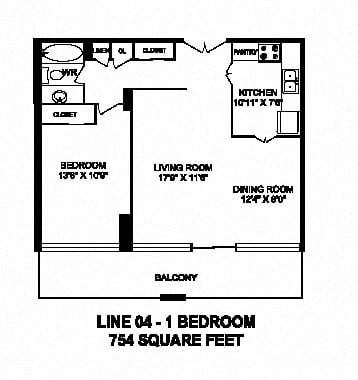 Floor plan for 1 bed, 1 bath, 754 sqft