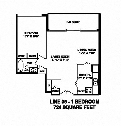 Floor plan for 1 bed, 1 bath, 724 sqft