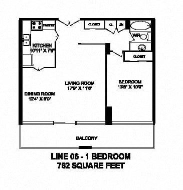 Floor plan for 1 bed, 1 bath, 762 sqft