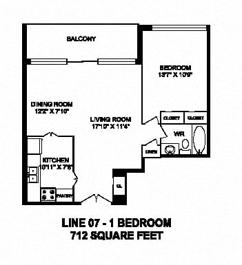 Floor plan for 1 bed, 1 bath, 712 sqft