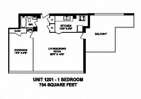 Floor plan for 1 bed, 1 bath