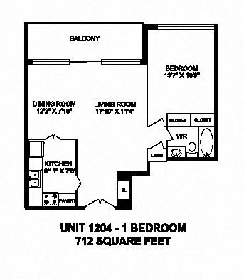 Floor plan for 1 bed, 1 bath, 712 sqft