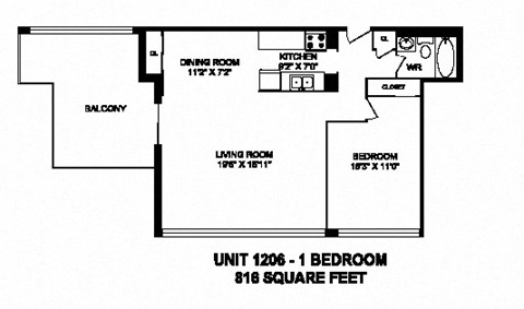 Floor plan for 1 bed, 1 bath, 816 sqft