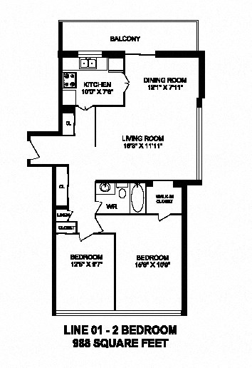 Floor plan for 2 beds, 1 bath, 896 sqft