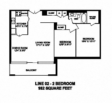 Floor plan for 2 beds, 1 bath, 982 sqft