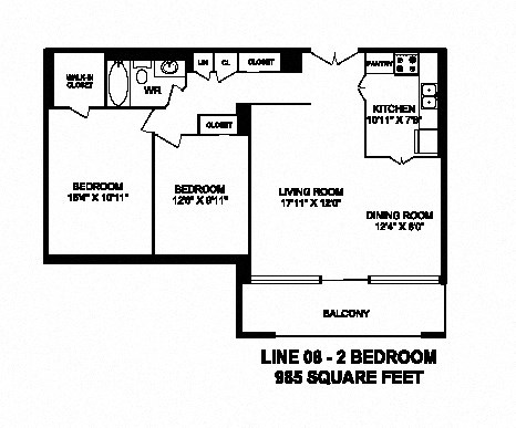 Floor plan for 2 beds, 1 bath, 985 sqft