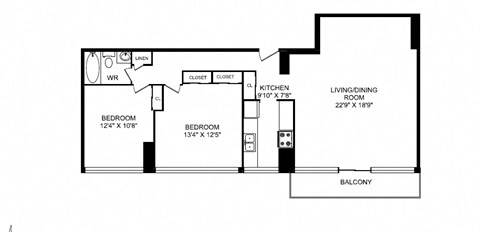 Floor plan for 2 beds, 1 bath