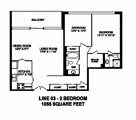 Floor plan for 2 beds, 2 baths, 1055 sqft