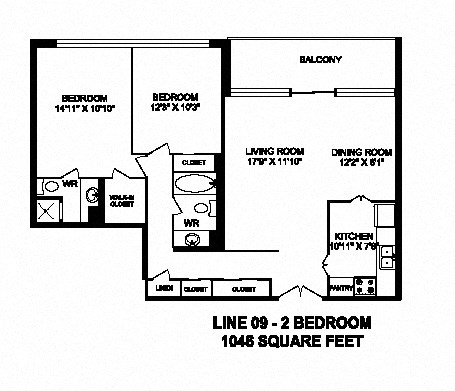 Floor plan for 2 beds, 2 baths, 1046 sqft